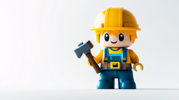 Photo a charming construction worker boy figure wearing a yellow hard hat and blue overalls holding a tiny hammer with a construction site background in the style of a blind box style character design