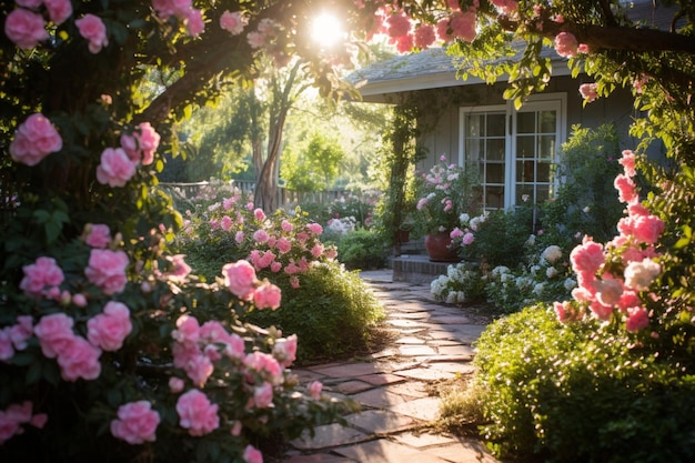 A charming cottage garden filled with vibrant flowers and lush greenery