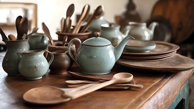 Photo charming country dining table rustic crockery including enamel teapot wooden serving spoon ceramic