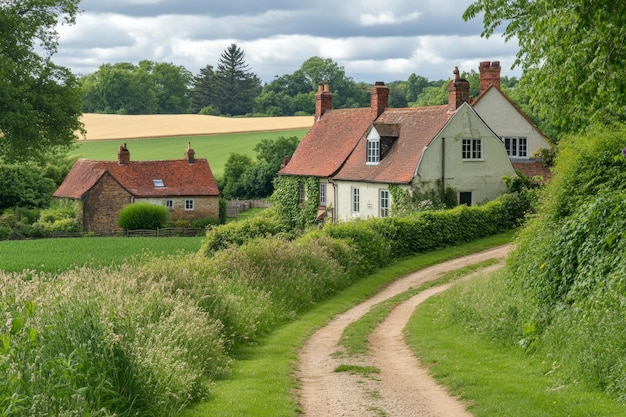 Photo charming countryside homes on a winding dirt road lush green fields surround these beautiful cottages a peaceful retreat in nature generative ai