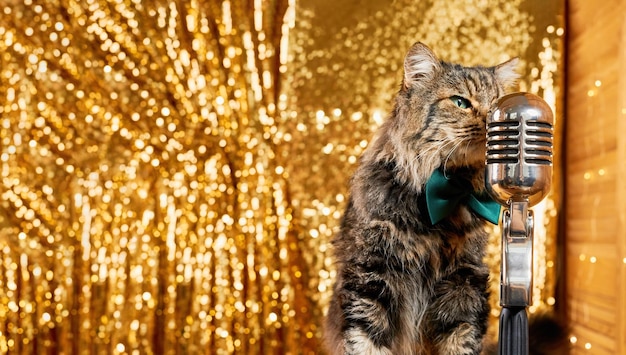 Charming curious cat as it leans in to inspect a vintage microphone