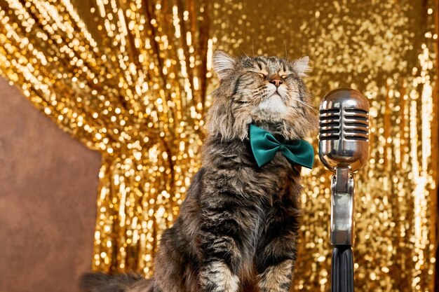 Charming curious cat as it leans in to inspect a vintage microphone