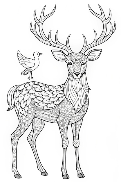 Charming Deer with Bird on Antlers Friendly Coloring Page