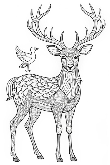 Photo charming deer with bird on antlers friendly coloring page