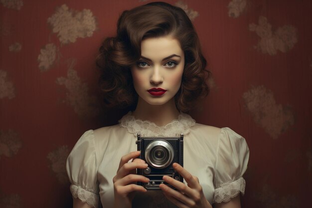 Charming depiction of a girl with a camera in vintage style capturing the essence of nostalgic photography