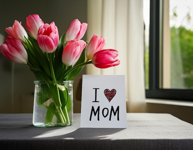 A charming display of pink tulips alongside a card bearing the sweet message I love mom