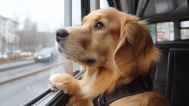 Charming dog eagerly awaits its turn for an exciting ride on public transportation system