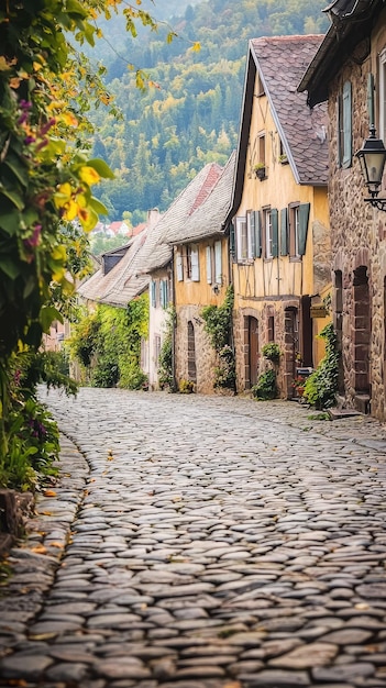 A Charming European Village Cobblestone Street Leading to Quaint Houses with Lush Greenery and a Misty Mountain View