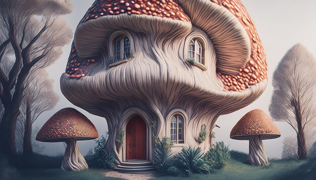 Photo a charming fairytalelike house designed to resemble a giant red and white mushroom