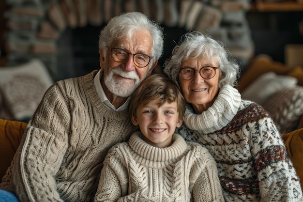 Photo charming family portrait of grandparents and grandson in cozy knitwear smiling together indoors