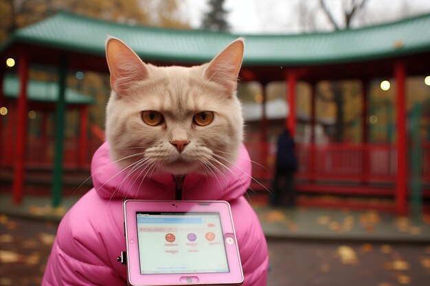 Charming Feline with a Fashionable Pink Jacket Captivated by the Tablet Screen