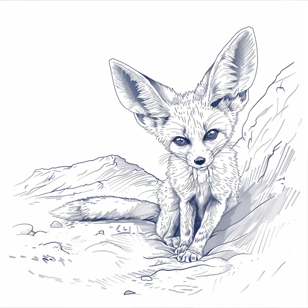 Charming fennec fox isolated pencil drawing on white paper artwork