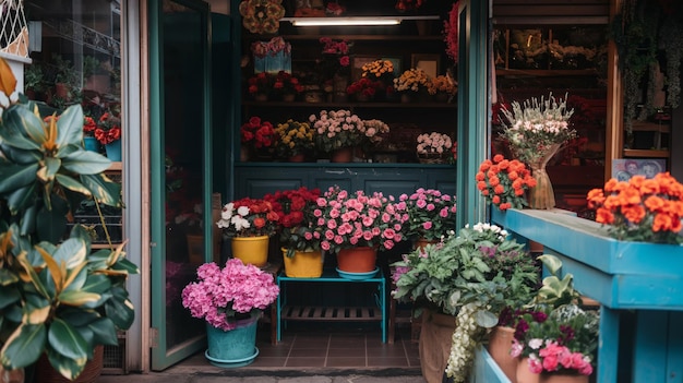 Charming flower shop entrance adorned with a variety of vibrant colorful flowers and plants