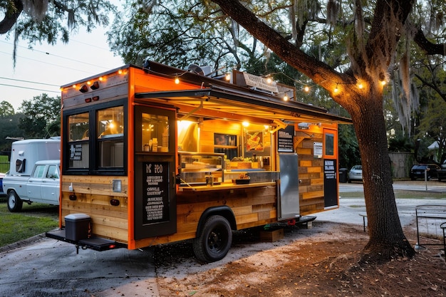 A charming food truck with warm lighting offers comfort food classics under a tree at dusk A cozy food truck offering comfort food classics