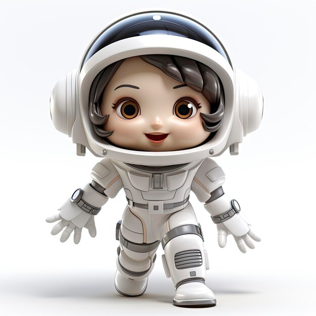 A charming and friendly cartoon astronaut with a big smile dressed in a detailed spacesuit ready for a space adventure