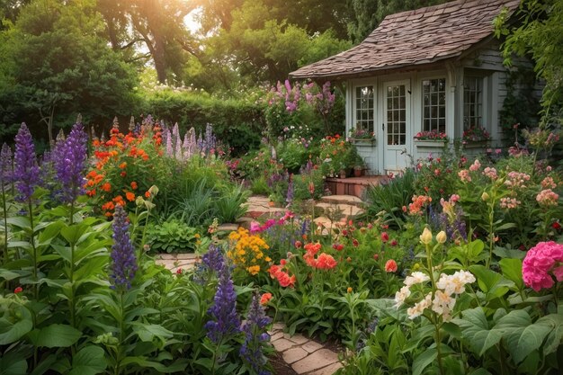 Charming garden cottage with vibrant flower beds