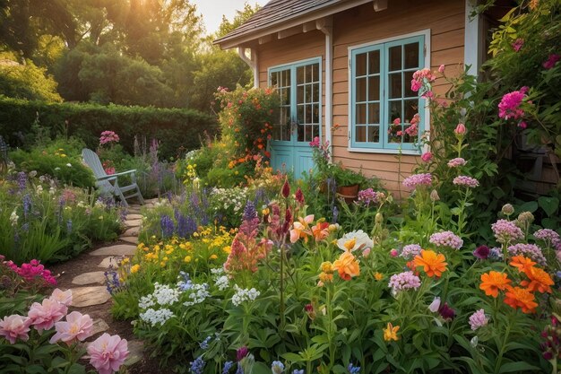 Charming garden cottage with vibrant flower beds