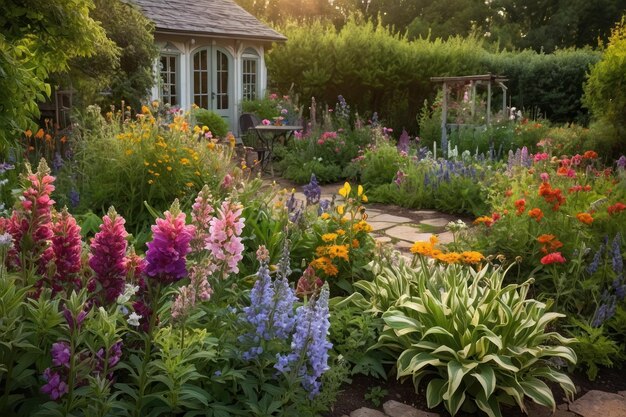 Charming garden cottage with vibrant flower beds