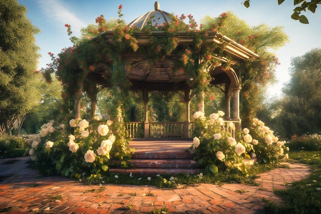 A charming garden gazebo draped with climbing roses and surrounded by lush greenery and sweetly scented flowers