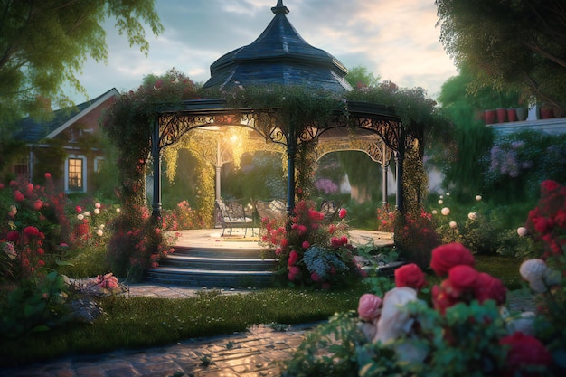 A charming garden gazebo draped with climbing roses and surrounded by lush greenery and sweetly scented flowers