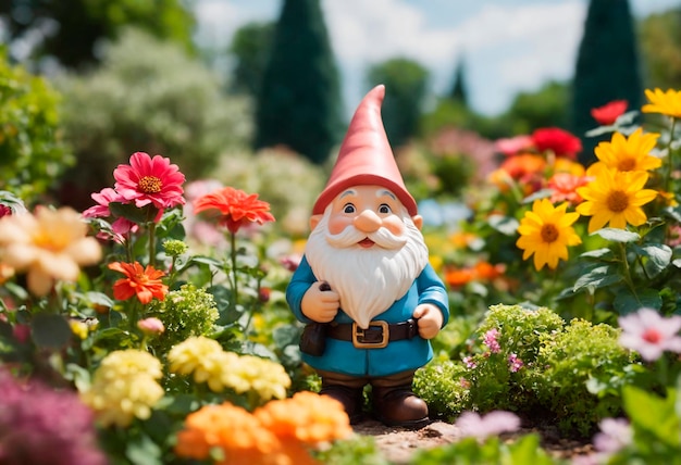 Photo charming garden gnome standing among vibrant flowers on a sunny day in a colorful garden setting