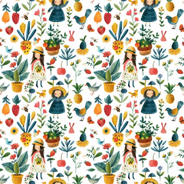 Photo charming gardenthemed seamless pattern with girls plants flowers birds and fruits handdrawn in a colorful playful style