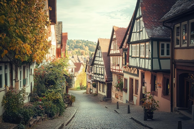 Charming German Village Cobblestone Street HalfTimbered Houses Bask in Golden Light