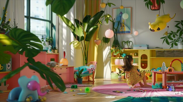 Photo charming girl in playroom with vibrant houseplants