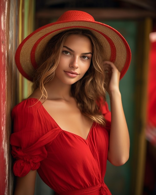 Charming Girl in Vibrant Red Dress Poses Playfully