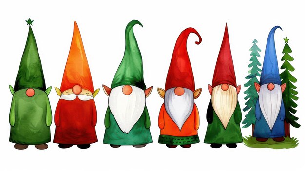 Charming gnomes in a festive watercolor style ideal for holiday designs