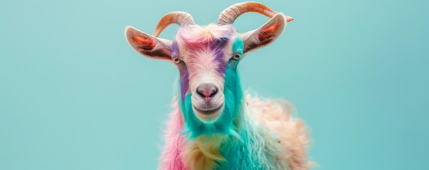 A charming goat with wool in a mix of bright and pastel colors including pink blue green and