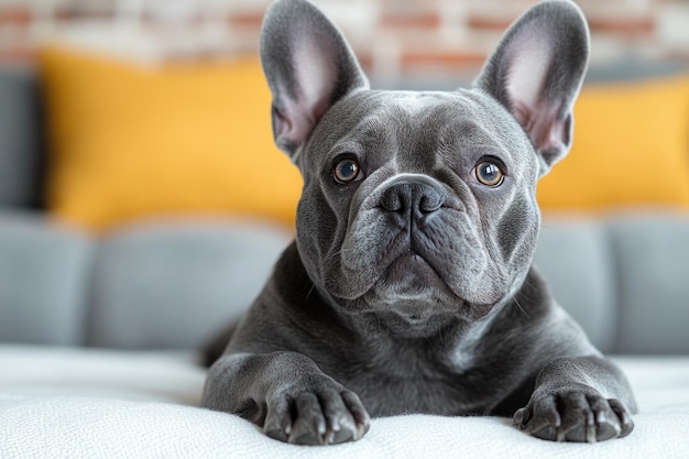 Photo charming grey french bulldog poses on white backdrop perfect for text and design elements