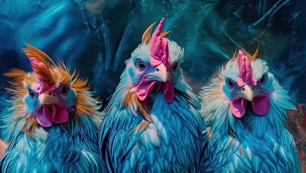 Photo a charming group of chickens with bright blue feathers taking a selfie generative aixa