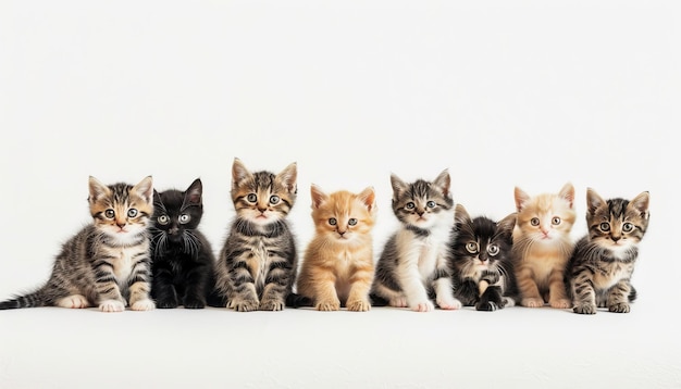 Charming group of colorful kittens sitting together playfully in a delightful row