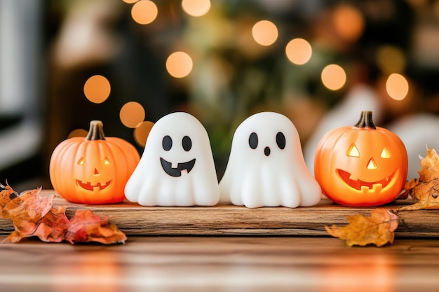 Charming Halloween decorations featuring glowing pumpkins and playful ghosts