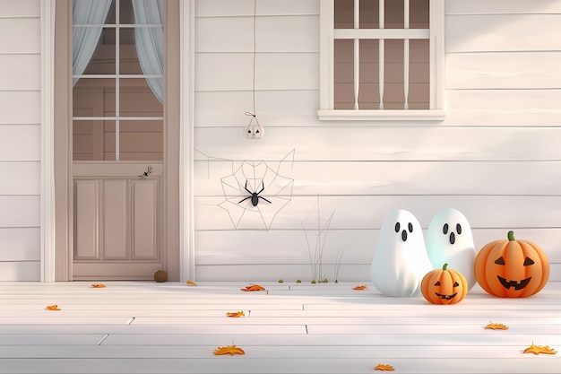 Charming Halloween porch with ghost and pumpkin decorations spider web and fallen autumn leaves