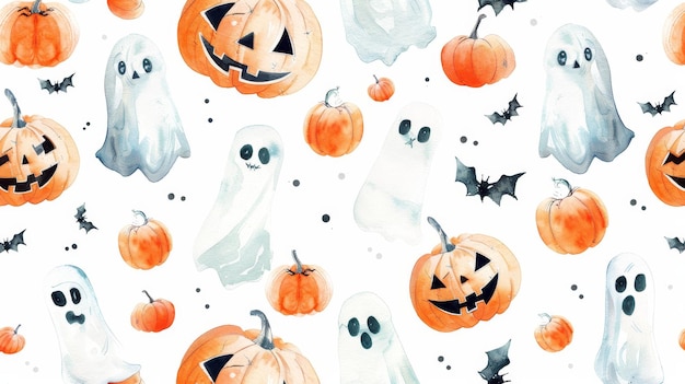 A charming Halloweenthemed watercolor pattern featuring cute ghosts jackolantern pumpkins