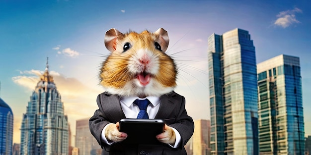 Charming hamster in suit and necktie with smartphone