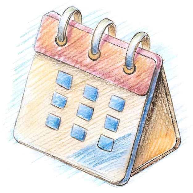 A charming hand drawn illustration of a calendar icon with a colorful and playful design