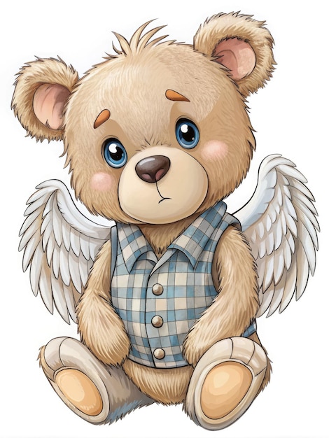 Photo charming handdrawn bear with wings dressed in plaid sitting on a peaceful background generative ai