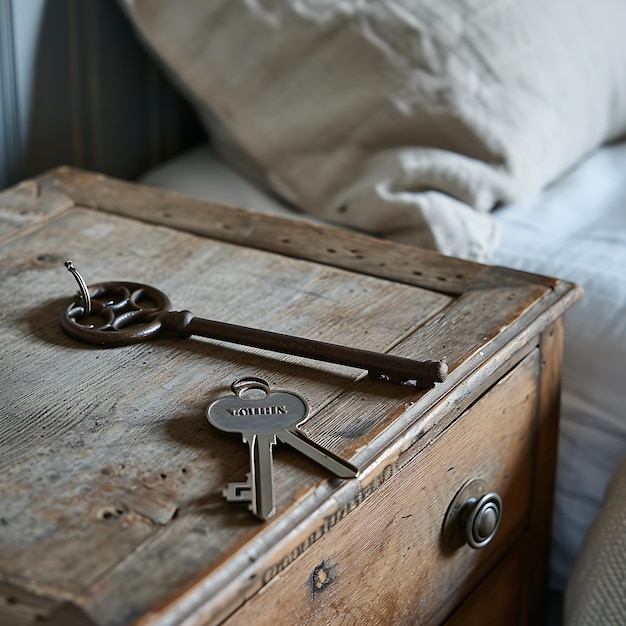 Photo charming hotel key on vintage bedside chest