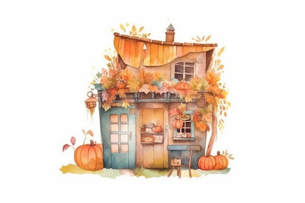 Charming house surrounded by vibrant pumpkins in a watercolor painting Generative AI