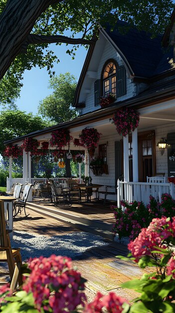 Charming house with a floweradorned porch and sunny atmosphere