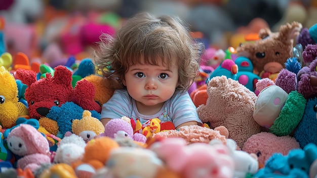 A Charming and Humorous Scene of a Toddler Joyfully Surrounded by an Overwhelming Collection