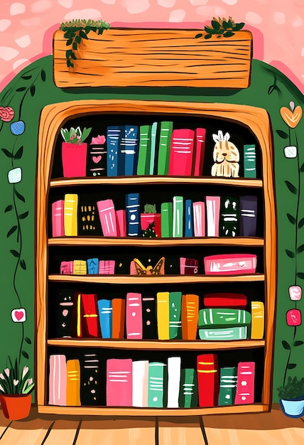 Photo charming illustrated bookcase with visible books and wooden shelf