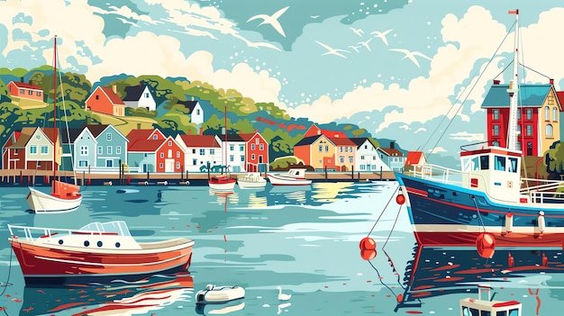 A charming illustration of a coastal town with colorful houses and boats in a peaceful harbor