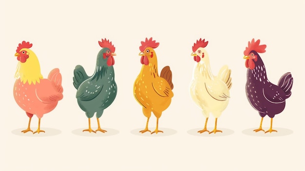 Photo a charming illustration of diverse chickens standing in a row