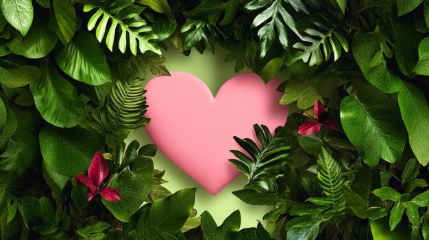 Photo a charming illustration featuring a pink heart nestled amongst vibrant green foliage symbolizi