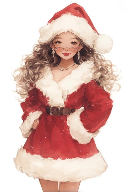 Photo charming illustration of a festive girl in a christmas outfit complete with a santa hat showcasing h