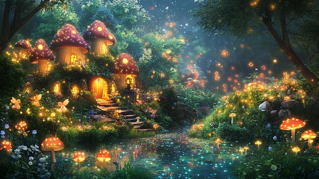 Photo charming illustration of magical garden with fairies